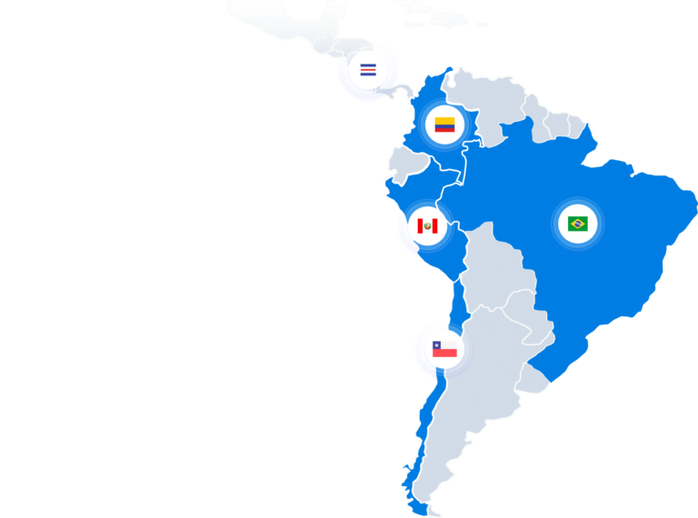 Mapa da América Latina destacando os países onde o Actiz LIMS está presente: Brasil, Colômbia, Peru, Chile e Costa Rica