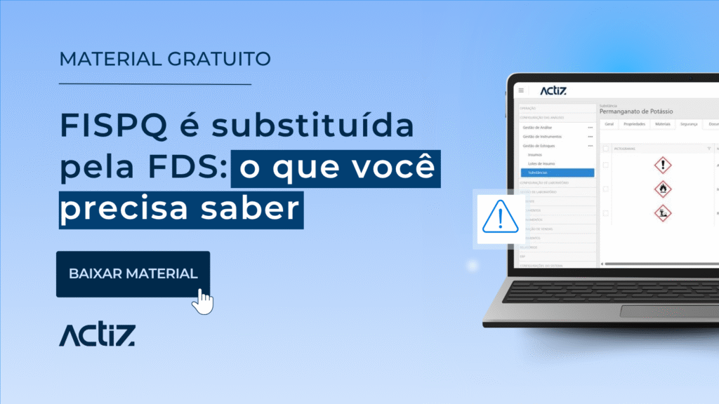Banner de divulgación del material gratuito “La FISPQ es sustituida por la FDS: lo que necesitas saber”, con botón para descargar el material e imagen ilustrativa del sistema de Actiz.
