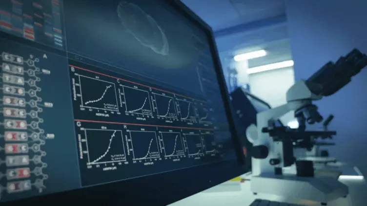 Monitor com gráficos de curva analítica ao lado de microscópio, desenvolvimento de métodos analíticos.