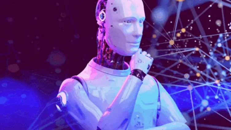 Robô humanoide pensativo com rede neural ao fundo, inteligência artificial na gestão de laboratórios.