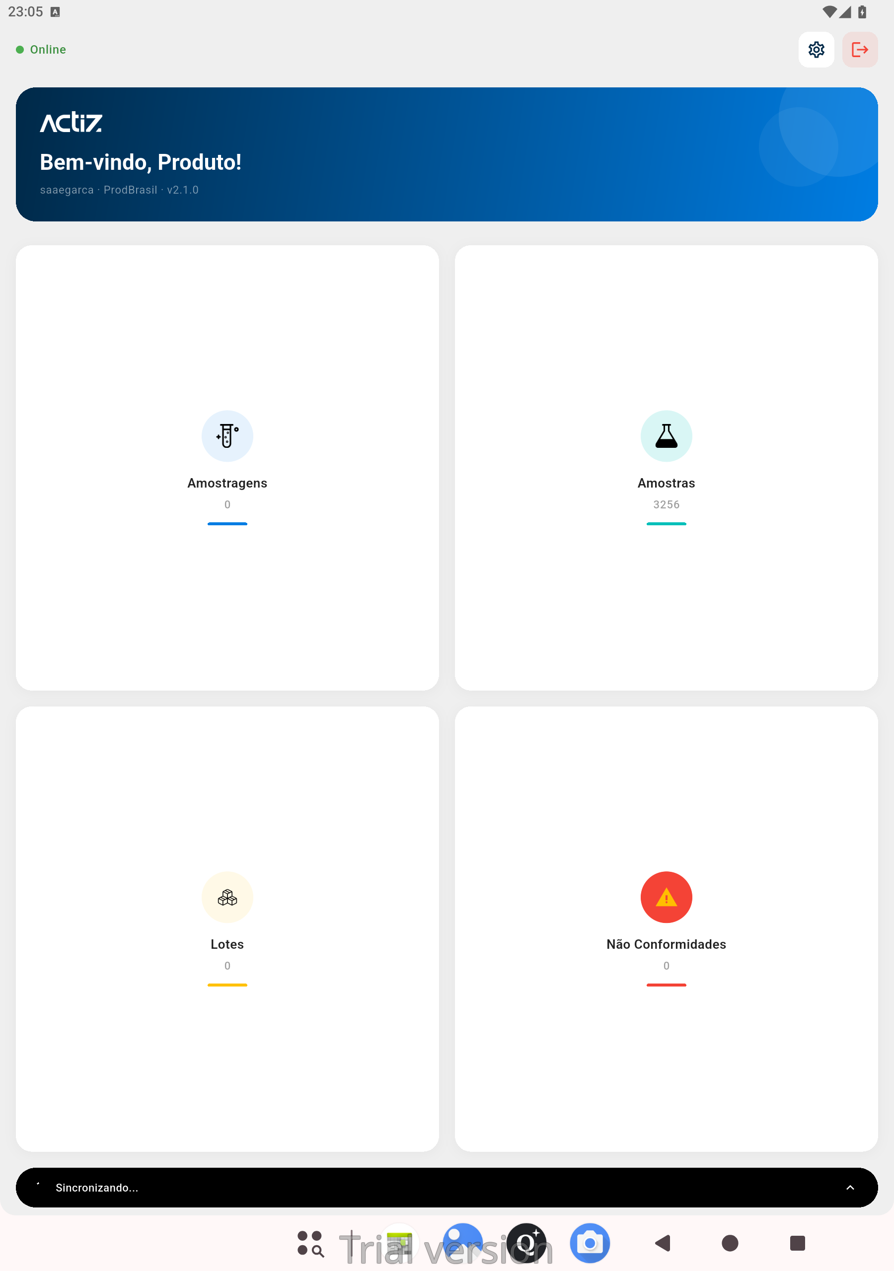 App mobile Actiz mostrando amostragens, amostras, lotes e não conformidades