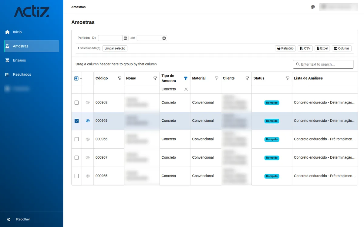 Portal de Clientes Actiz: grid de amostras com filtro por tipo, seleção e botões de relatório, CSV e Excel